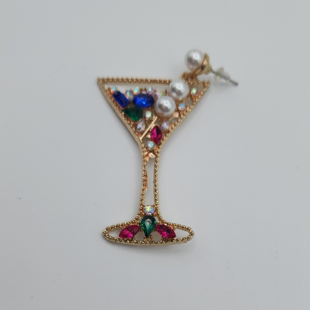 Gold Martini Earrings with Pearl Bubblies And Colorful Gems - Picture 8 of 8